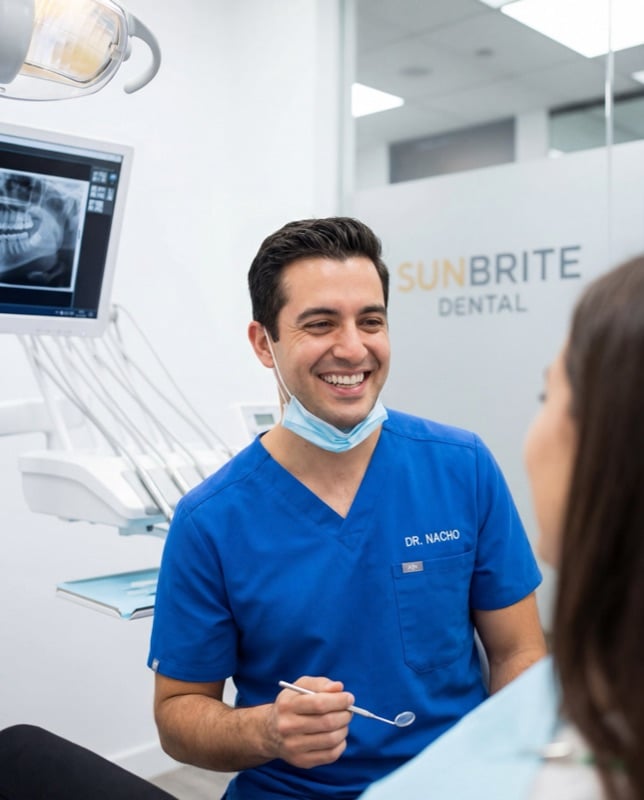 Dentist smiling and talking to a patient in a modern dental clinic
