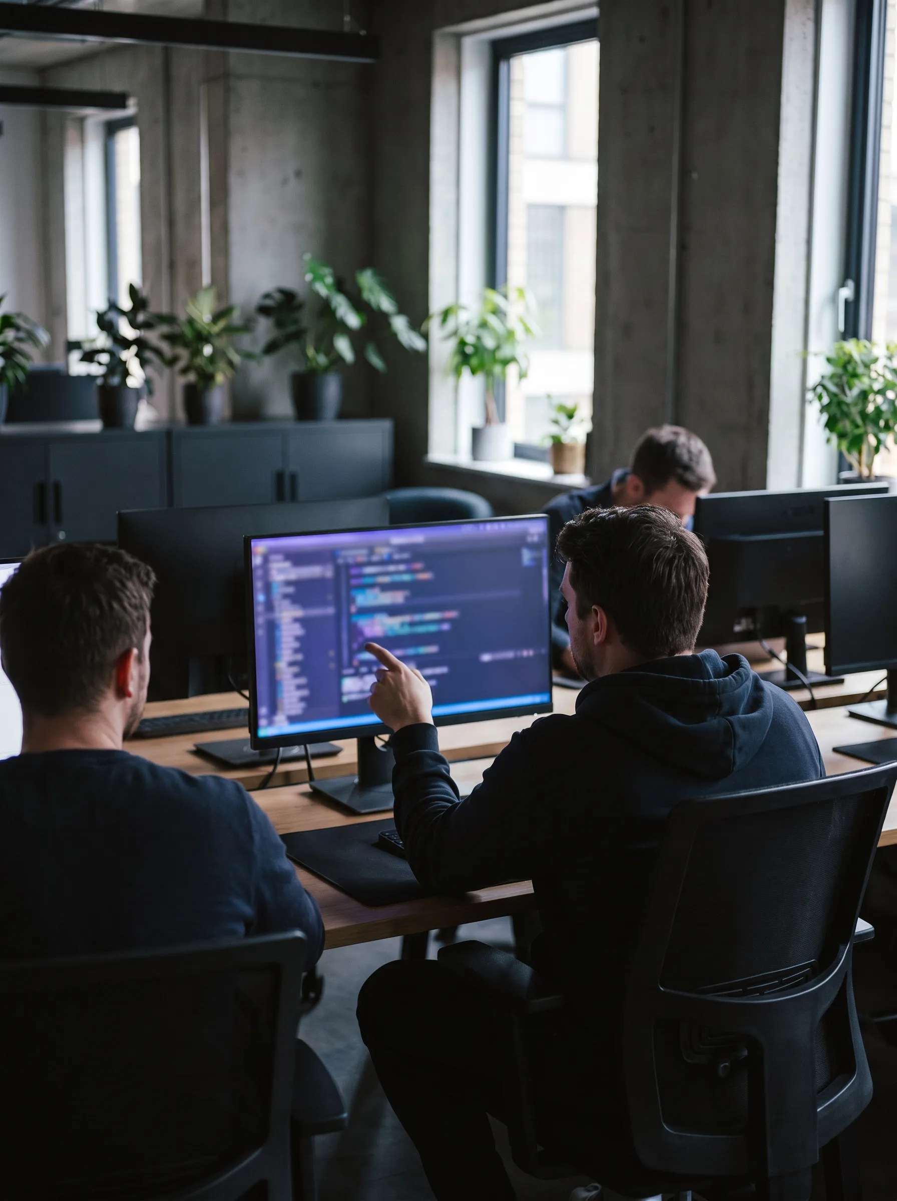 Unity Bridge Solutions developers collaborating over code in the London office