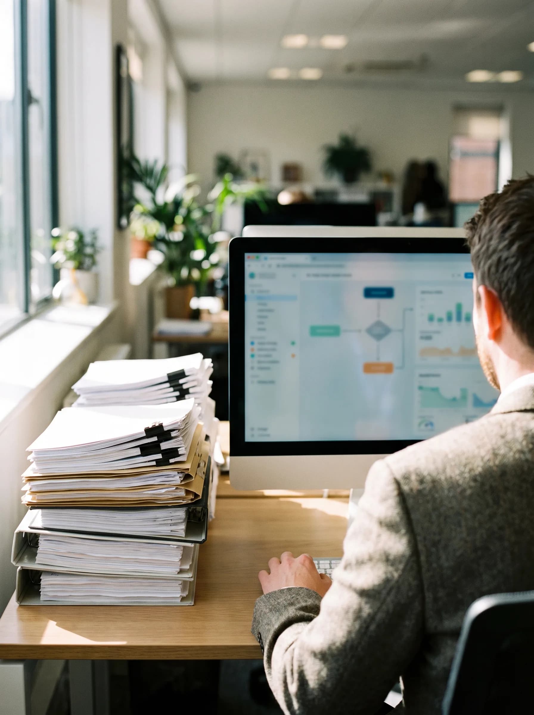 Team member reviewing a workflow automation dashboard beside stacks of paperwork on an office desk