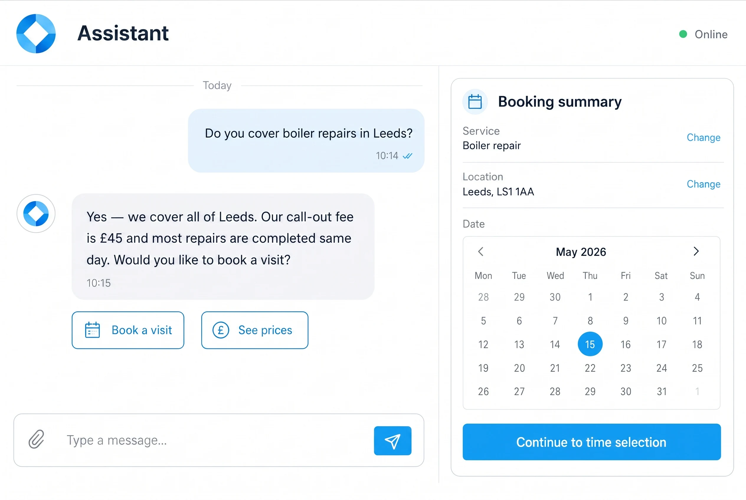 Illustrative AI customer assistant chat interface answering a booking enquiry