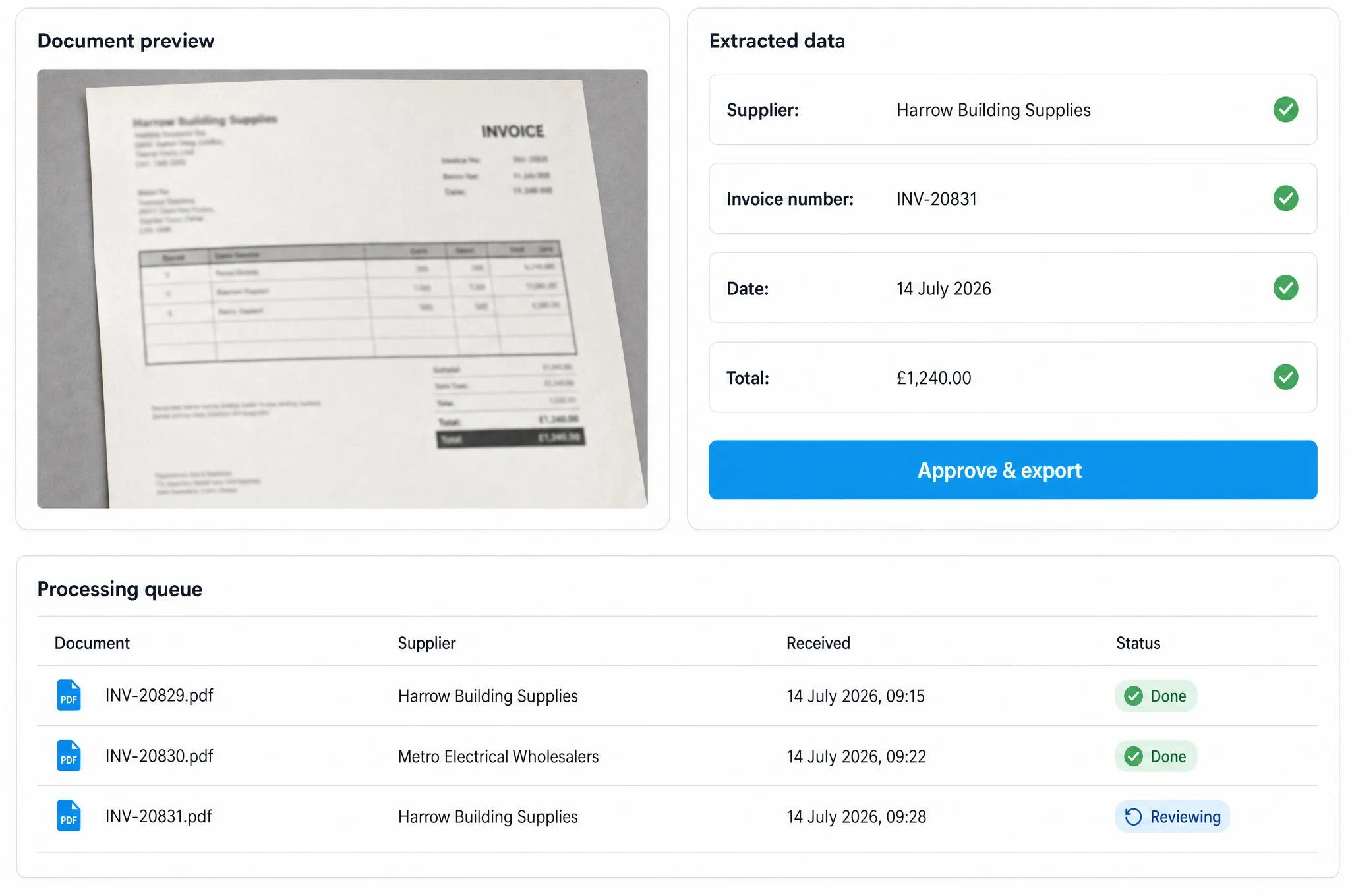 Illustrative document processing interface extracting supplier invoice details into structured fields
