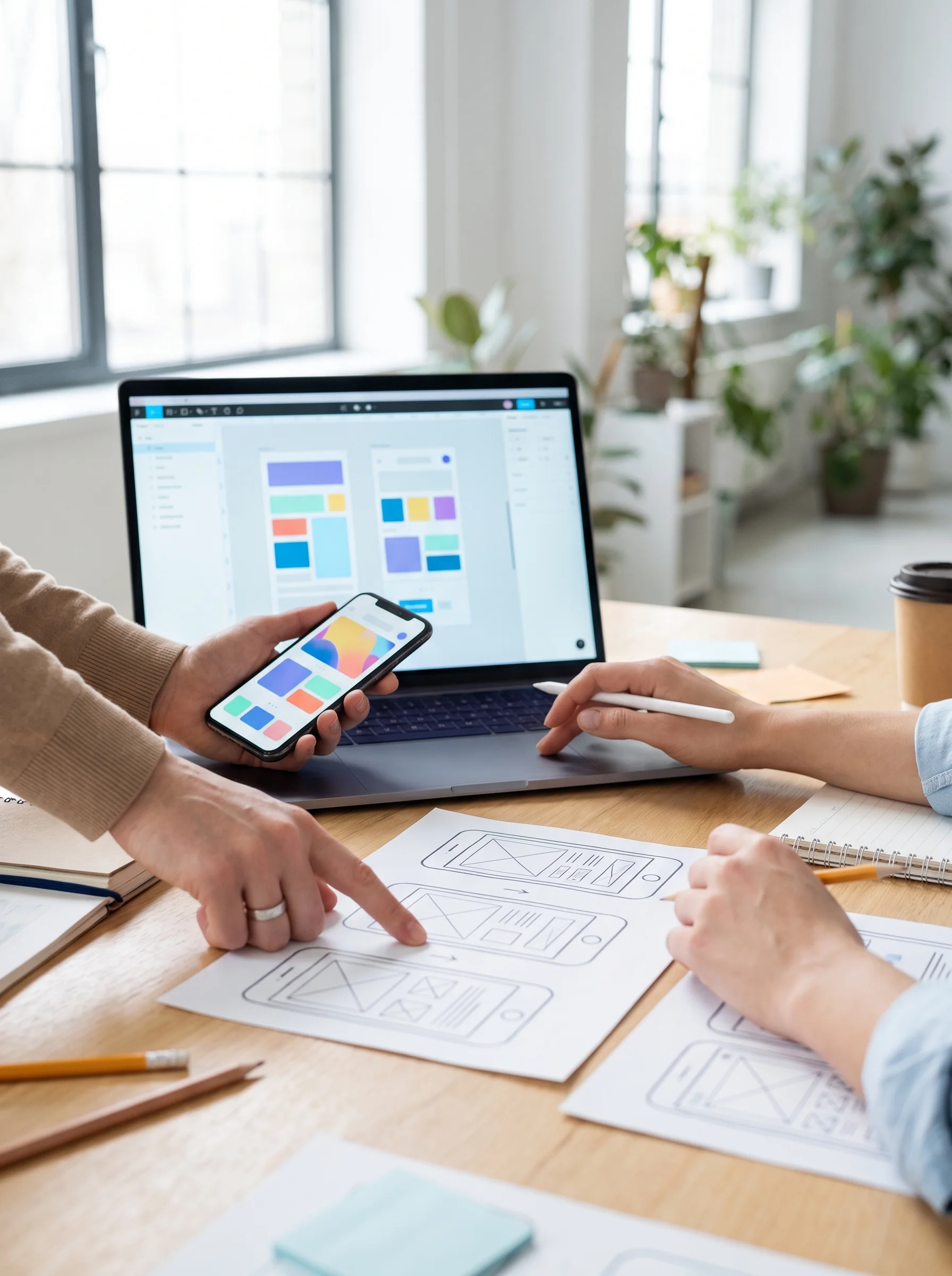 App design session with wireframe sketches on paper, a design tool on a laptop and an app interface on a phone