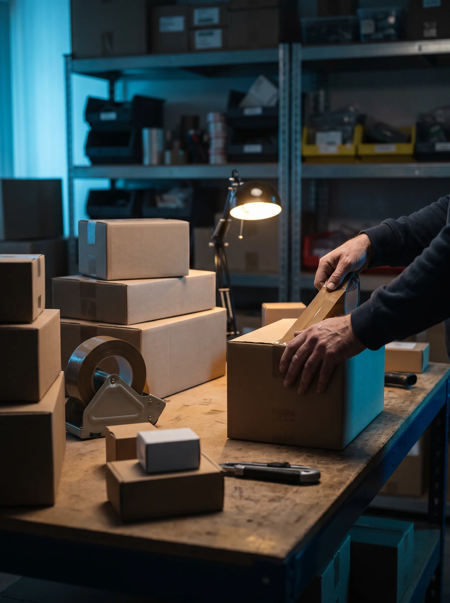 Hands sealing a parcel at a small business fulfilment bench with stock shelving behind