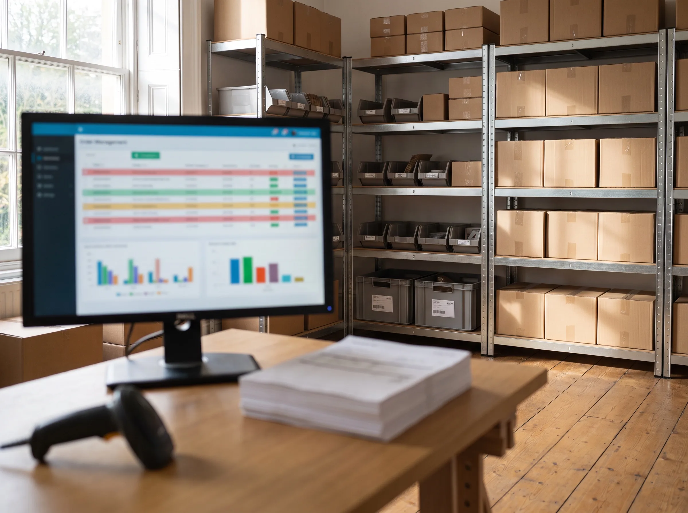 Small business stockroom with an order management dashboard on screen, barcode scanner and shelved stock