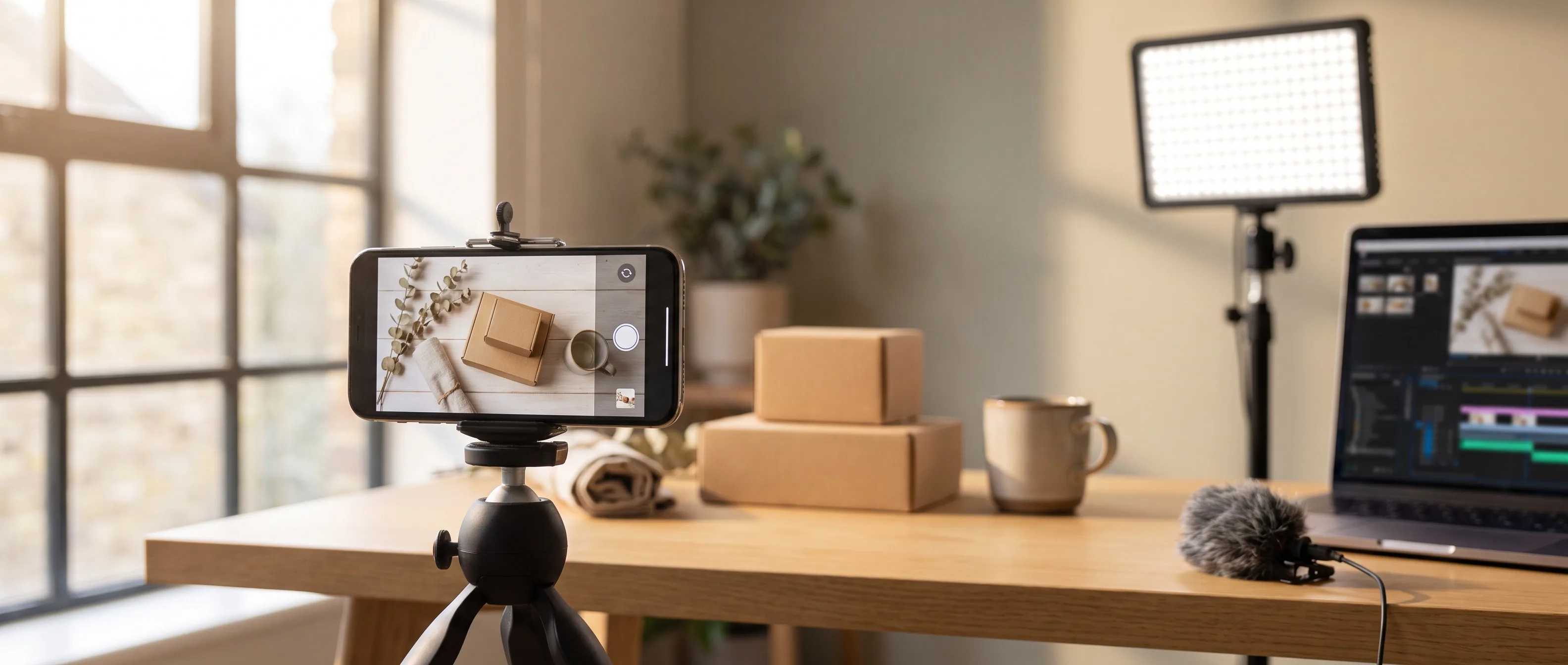 Short-form video setup: a phone on a tripod filming a flat-lay of unbranded product boxes beside a light panel and an editing timeline
