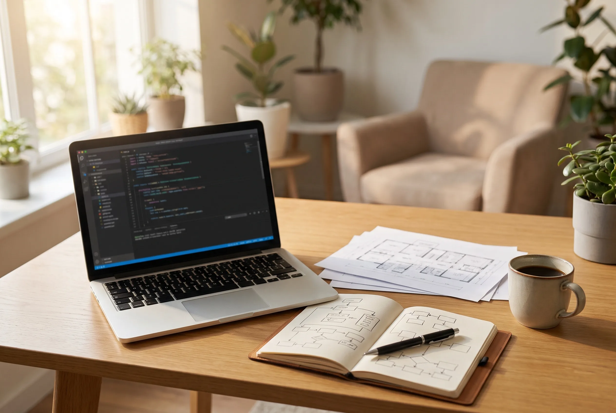 Code review and system audit in progress: a laptop showing a code editor beside printed architecture diagrams