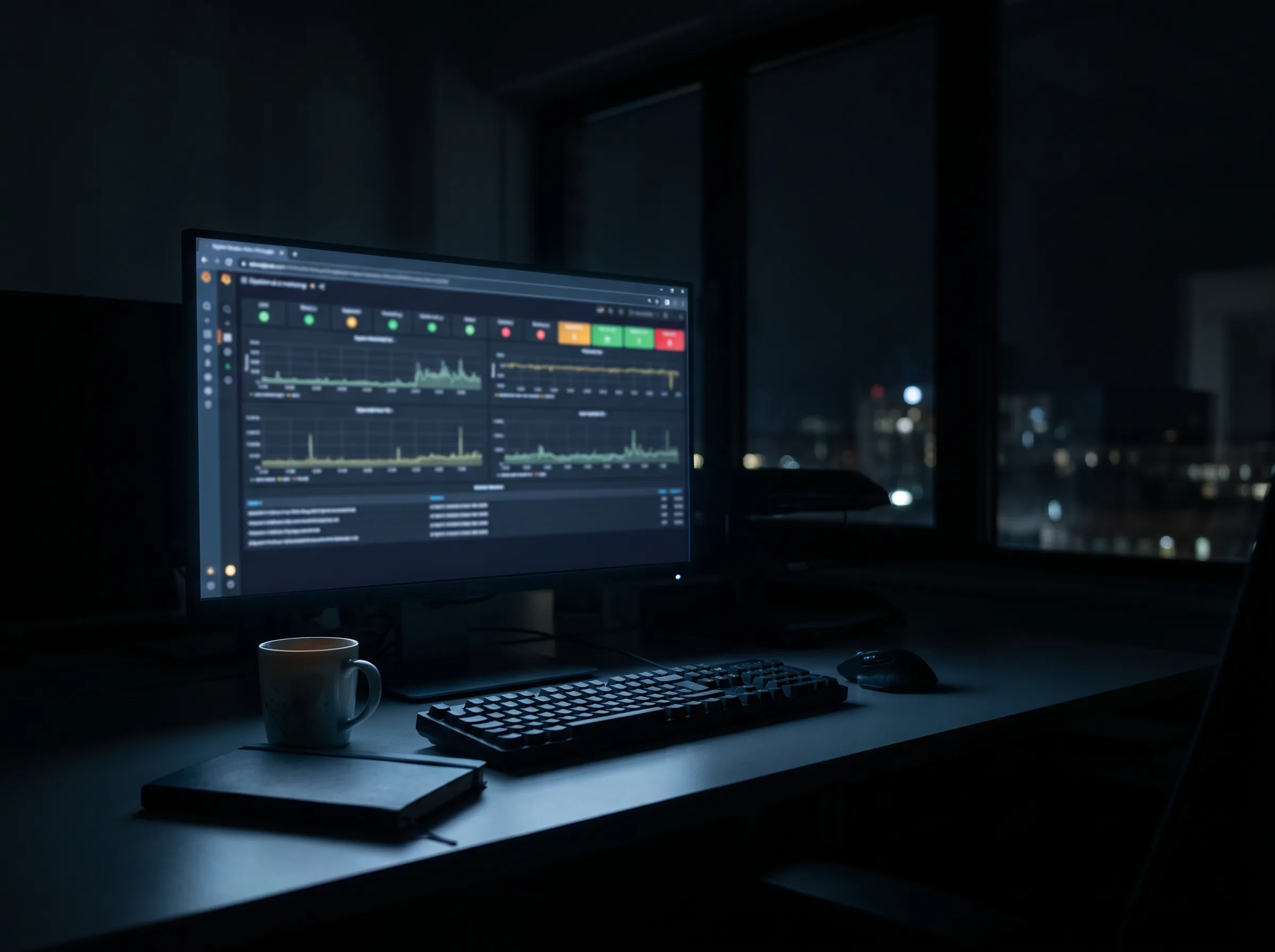 An empty desk at night lit by a monitor showing a system monitoring dashboard