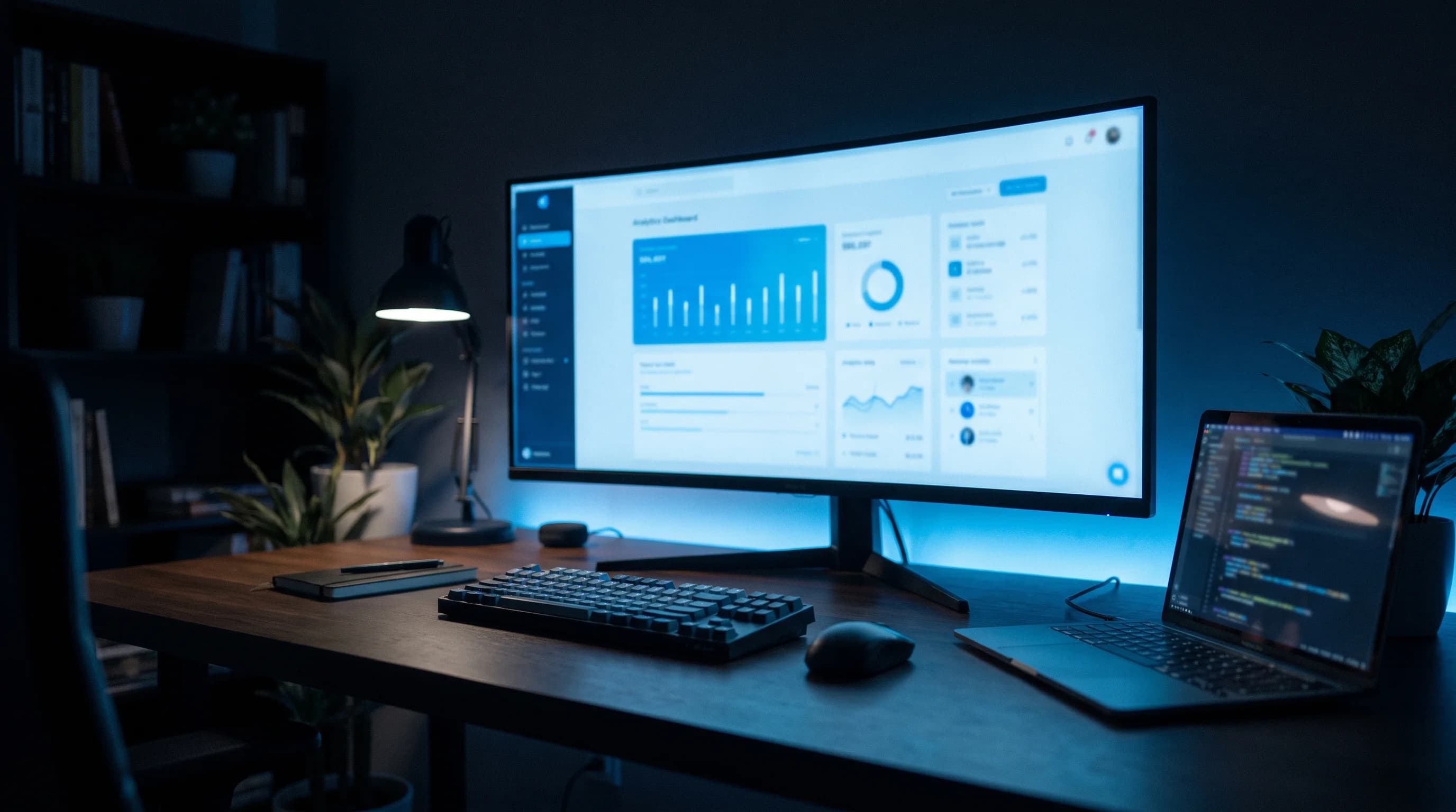 Desk with a curved monitor showing an analytics dashboard beside a laptop showing code