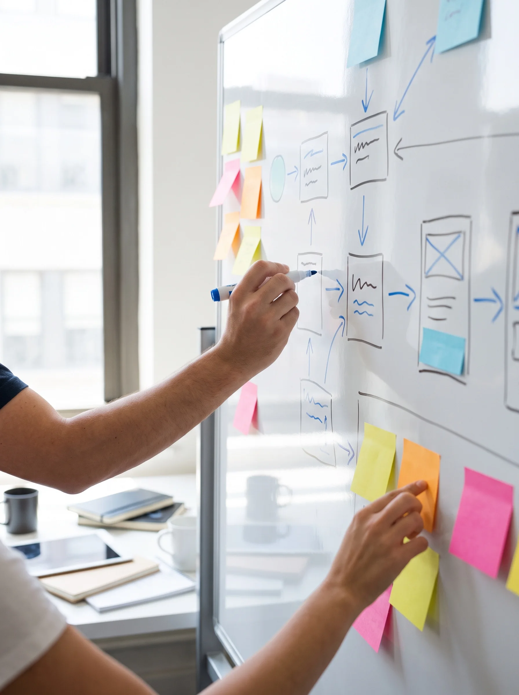 Hands sketching a website user flow on a whiteboard with sticky notes during a planning session