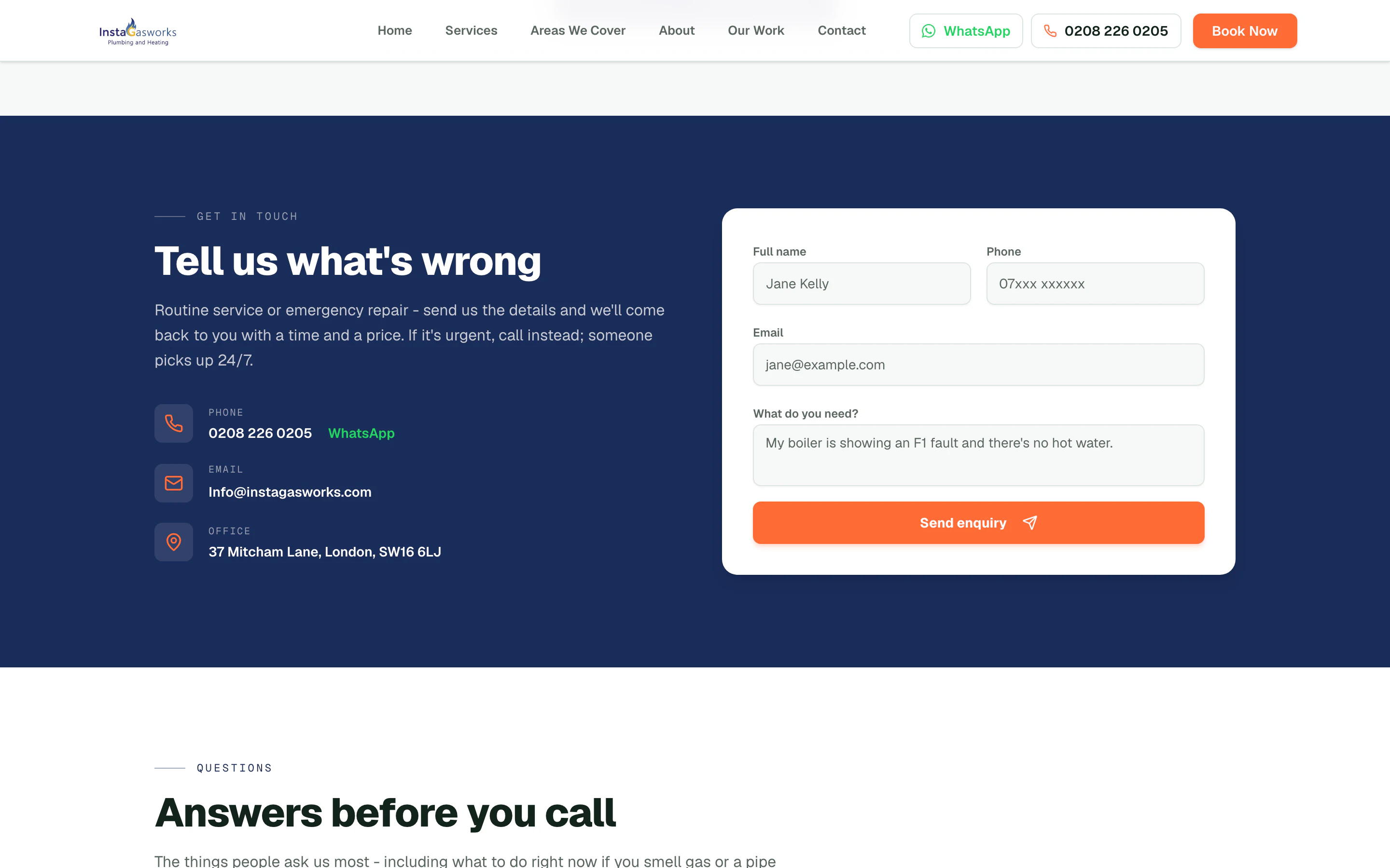 The "Tell us what's wrong" enquiry form beside the phone, WhatsApp, email and office details