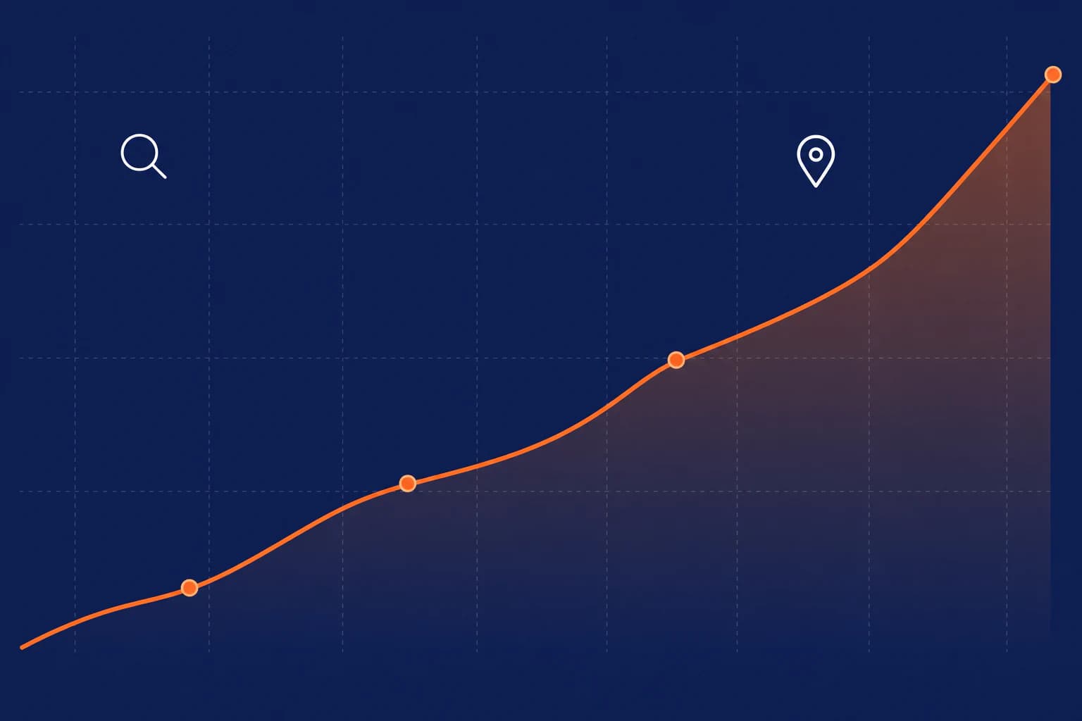 A rising line on a navy grid with a search and a location marker, standing for a website being found and growing