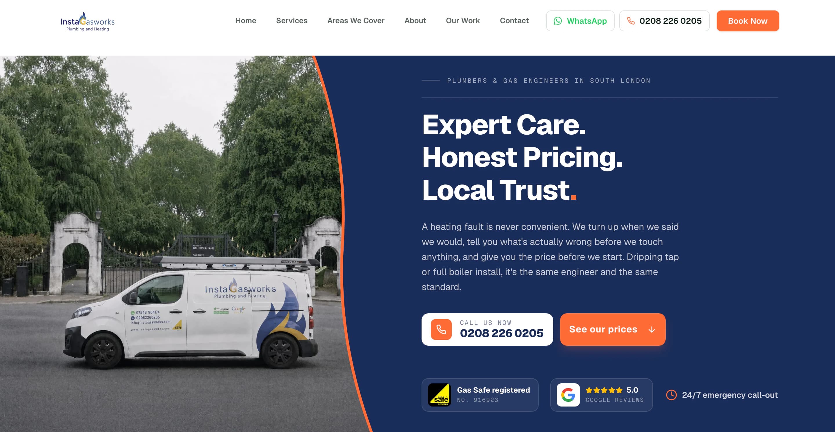 InstaGasWorks home page: the company van, the headline "Expert Care. Honest Pricing. Local Trust." and the Gas Safe badge