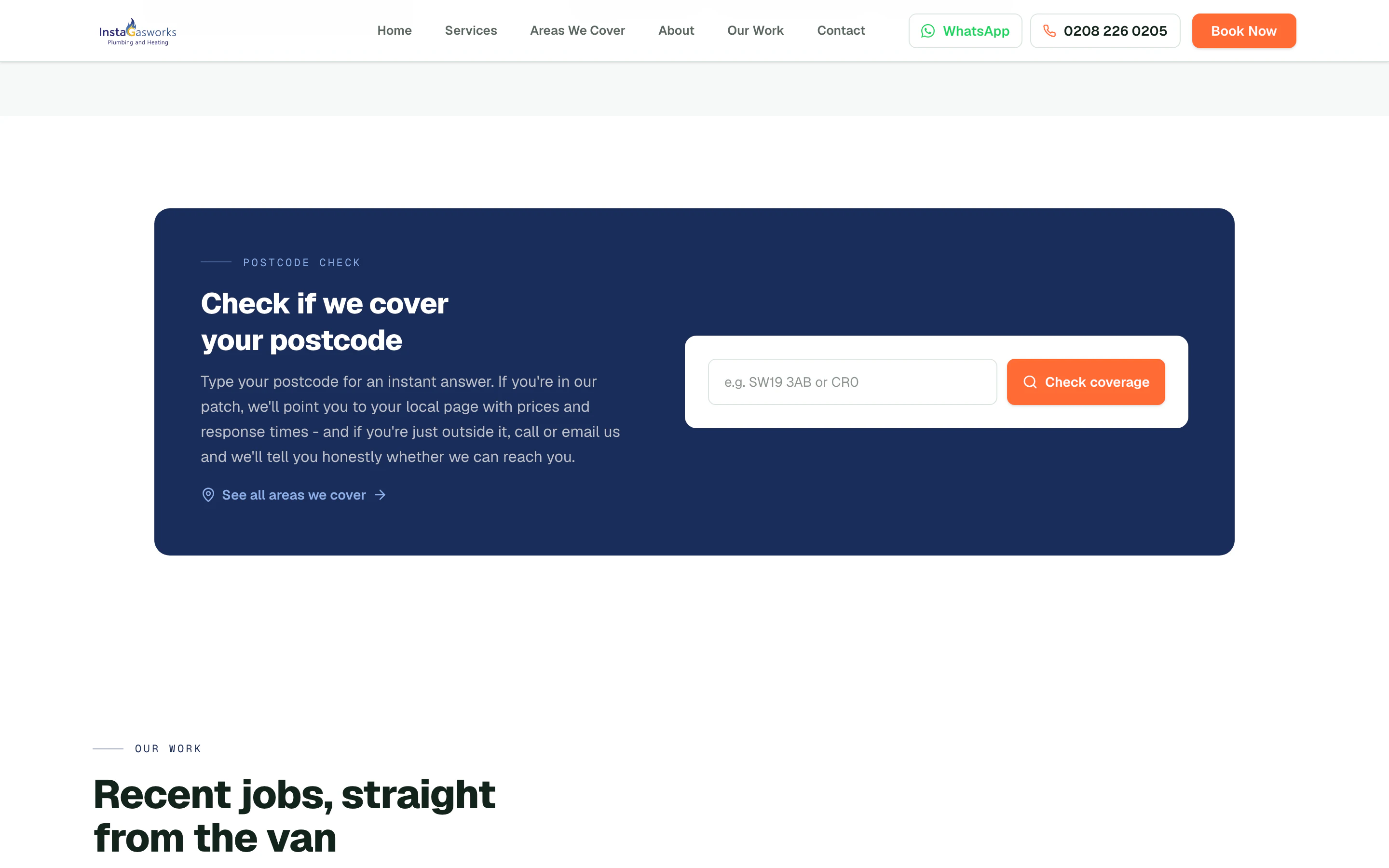 The "Check if we cover your postcode" section with a postcode field and Check coverage button