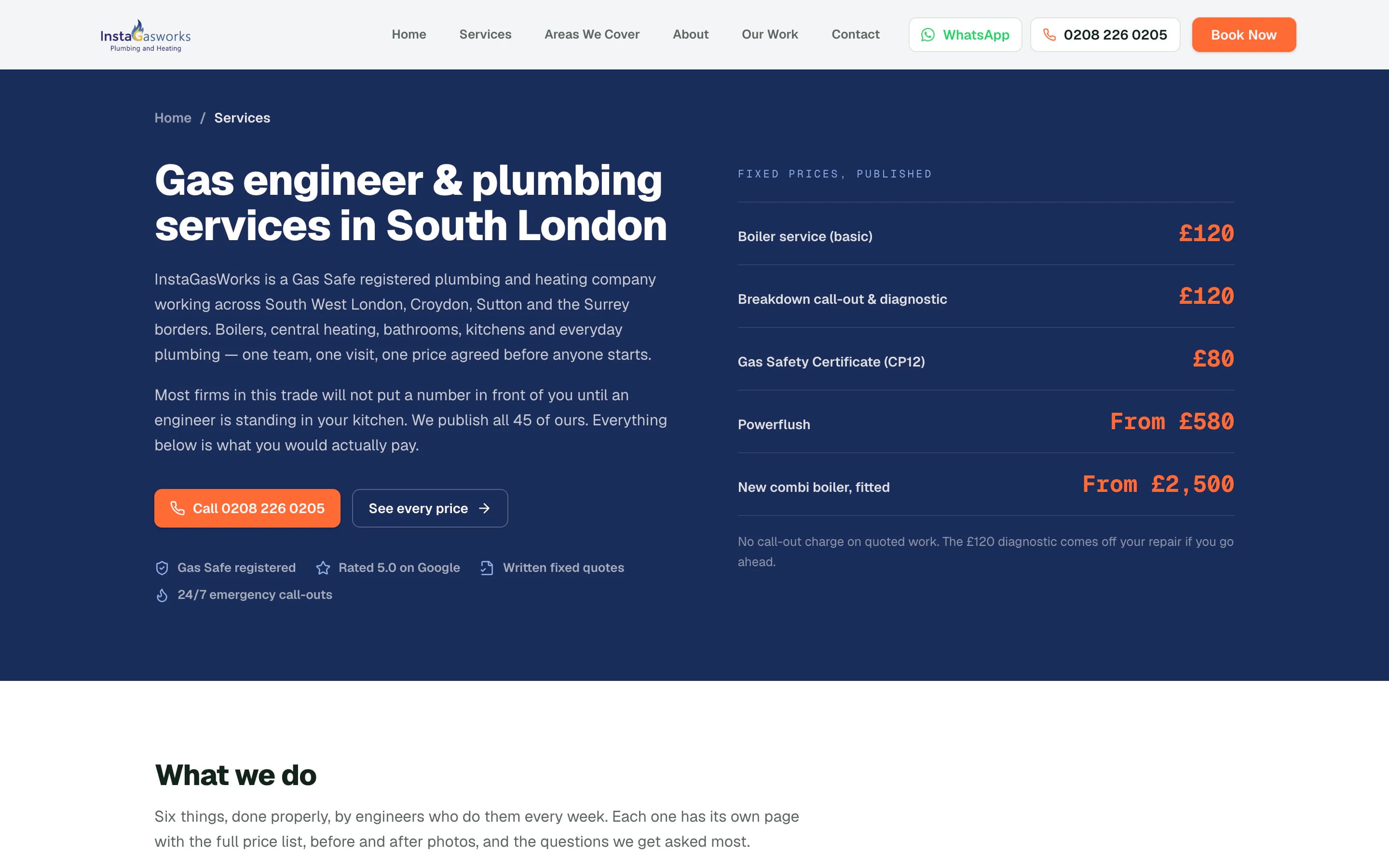 The services page with the "Fixed prices, published" list of boiler service, call-out, gas safety certificate, powerflush and combi boiler prices