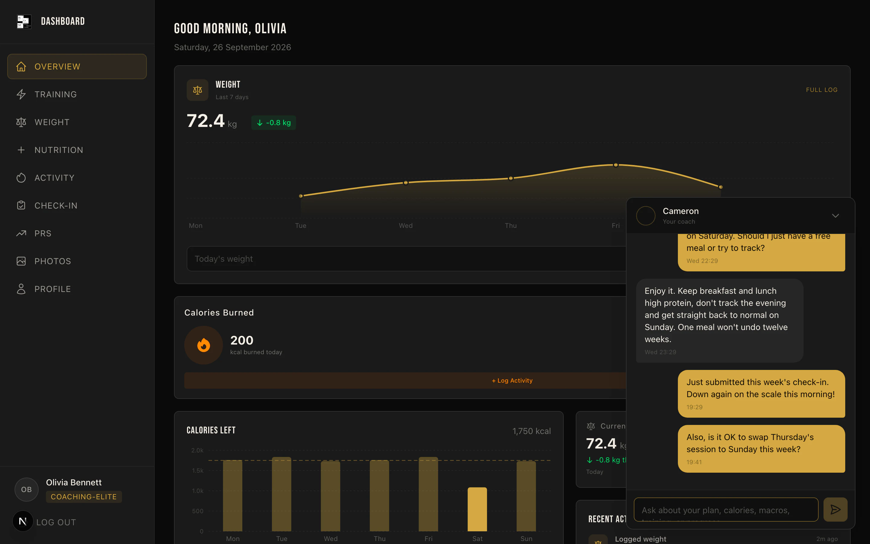 The client chat drawer open over the dashboard, with a conversation with the coach and a prompt to ask about the plan, calories, macros or training
