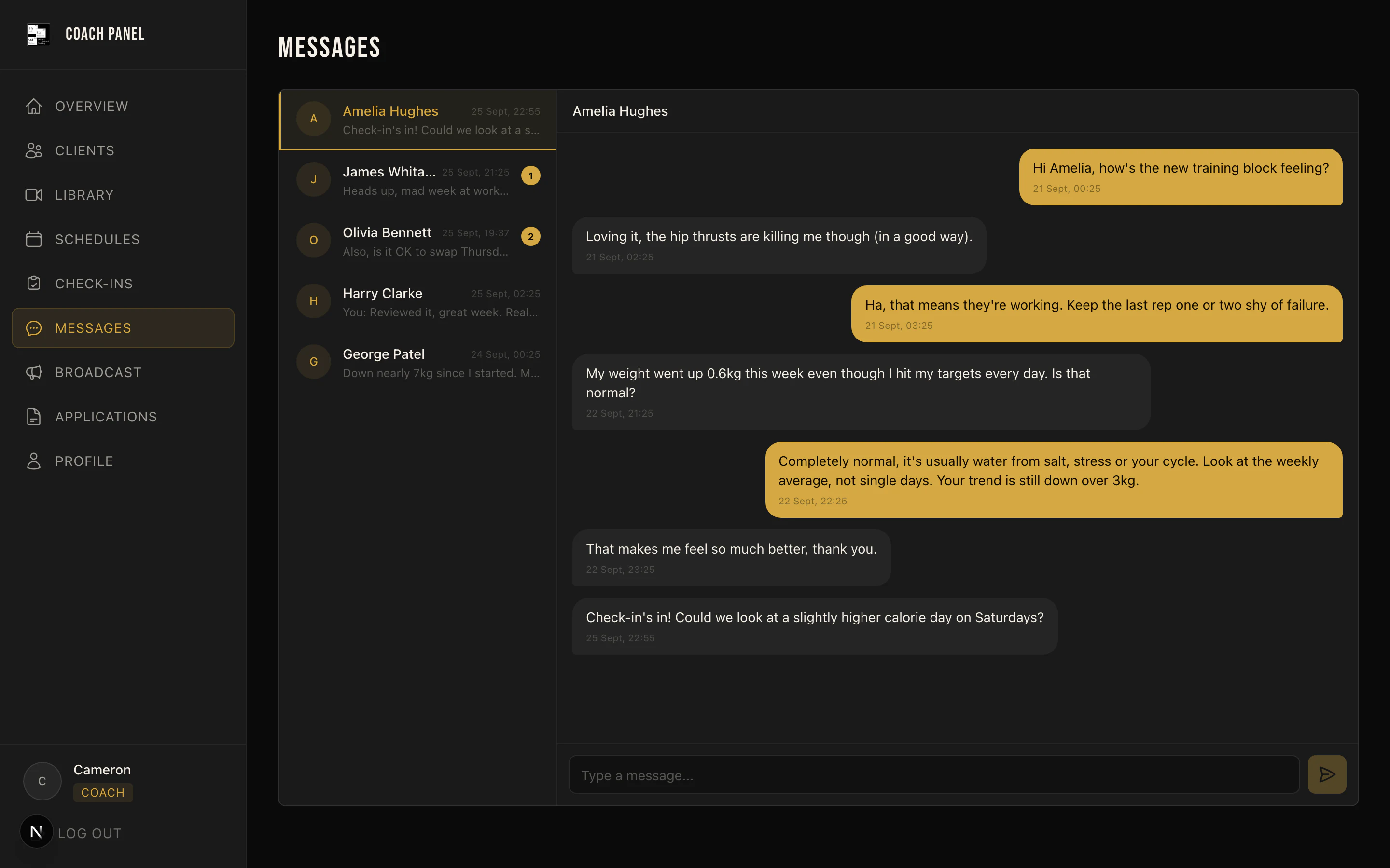 The coach messages inbox with conversations listed by latest message, unread counts and an open thread with a client