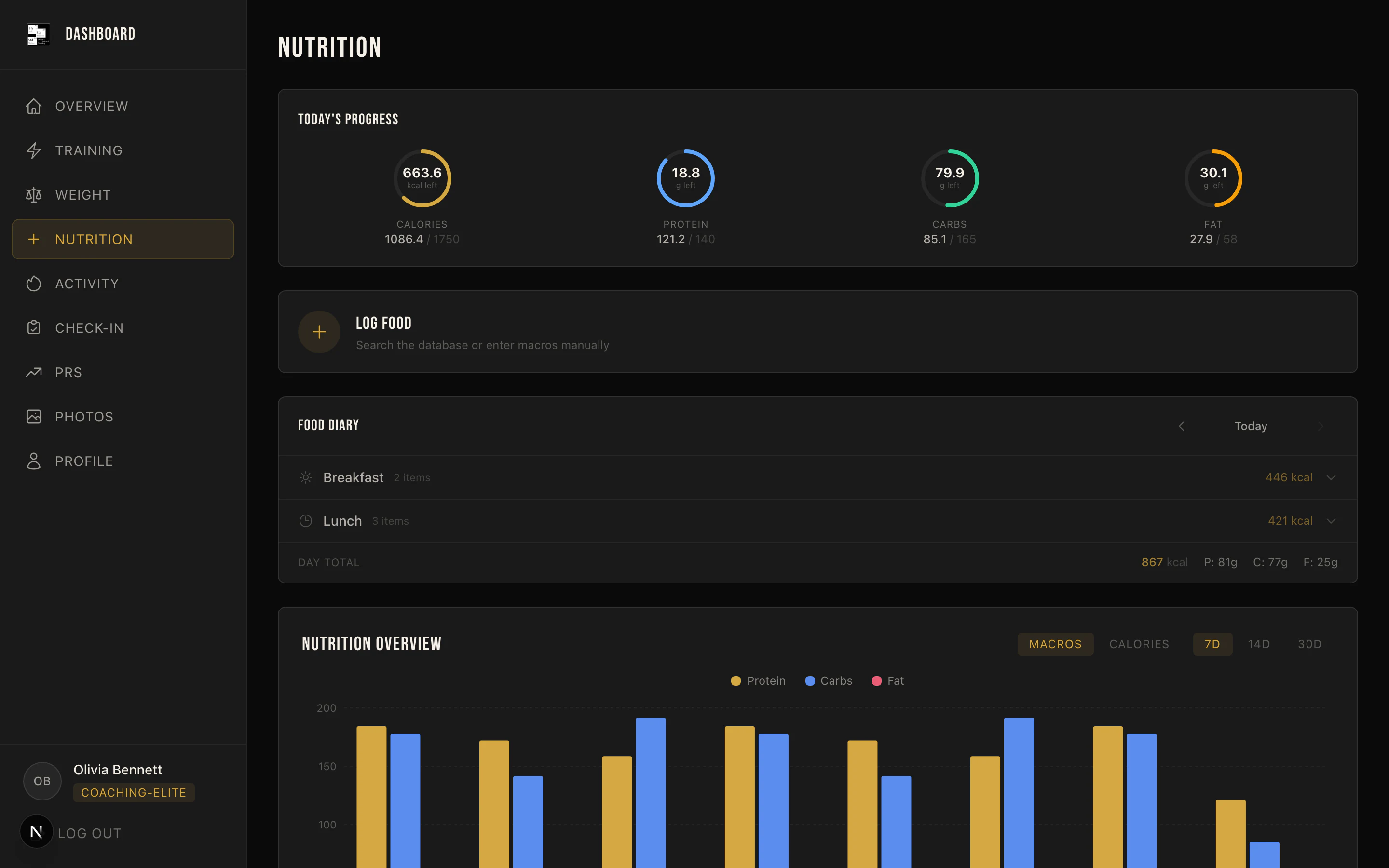 The nutrition page with progress rings for calories, protein, carbs and fat, the food diary by meal and the seven-day macro chart