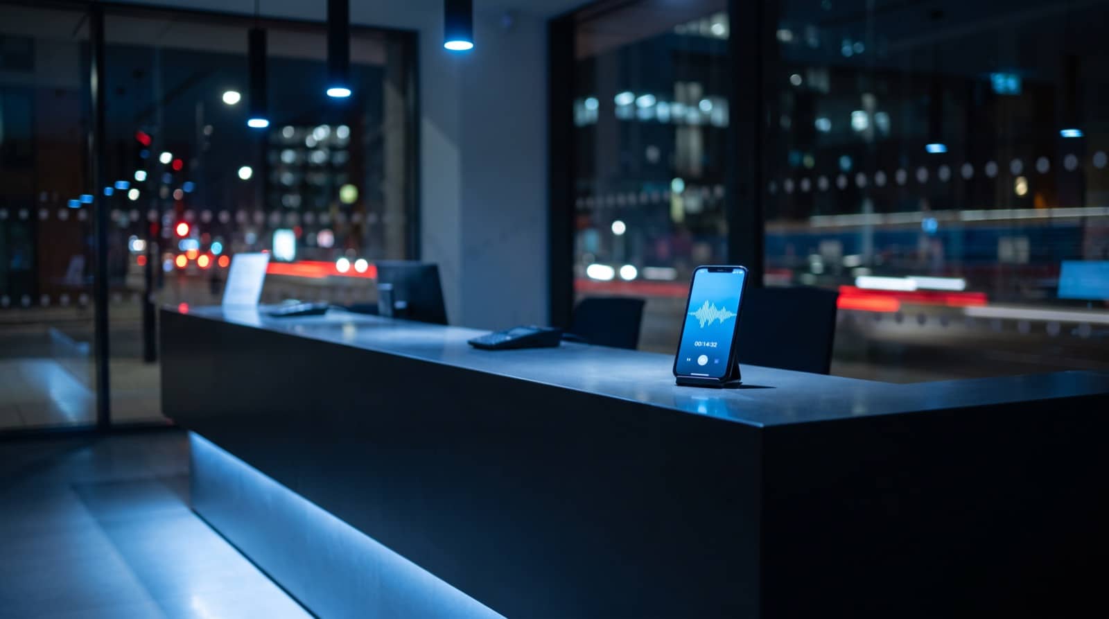 An unattended desk at night where the phone is mid-call - answered by AI with nobody there