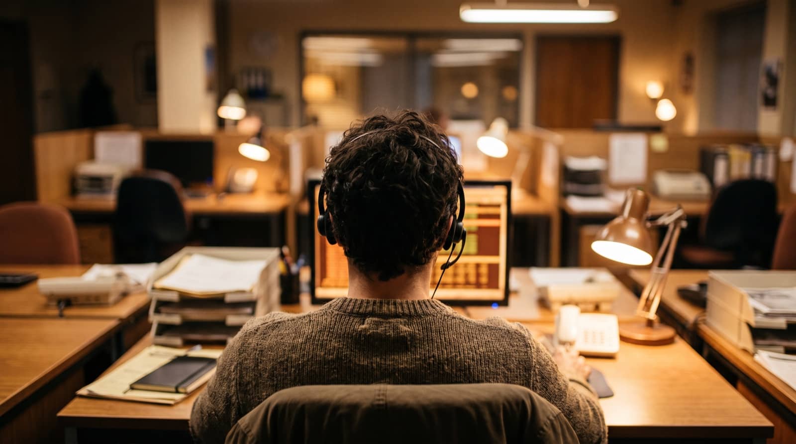 A human operator with a headset answering calls at a traditional answering bureau