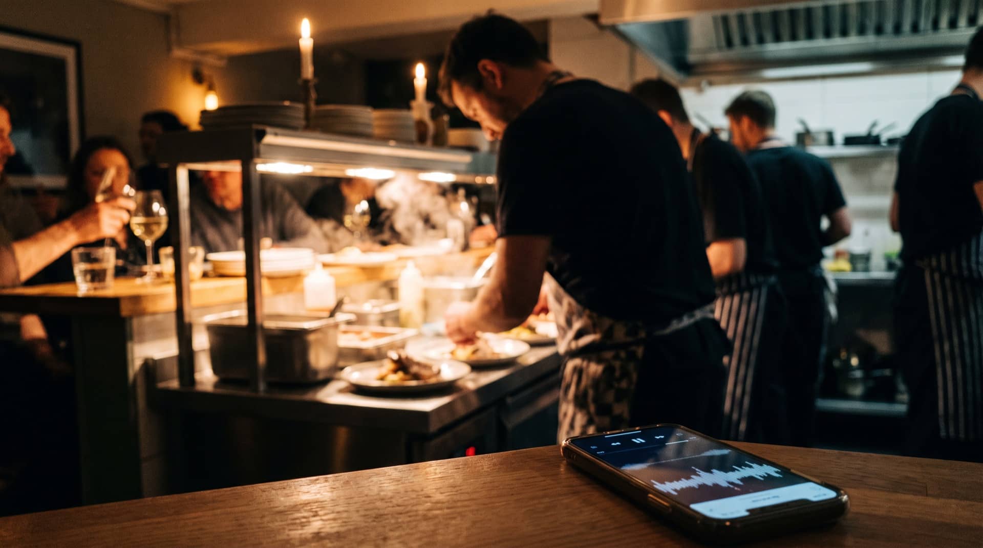 A busy restaurant kitchen during evening service while a phone on the counter shows a call being answered
