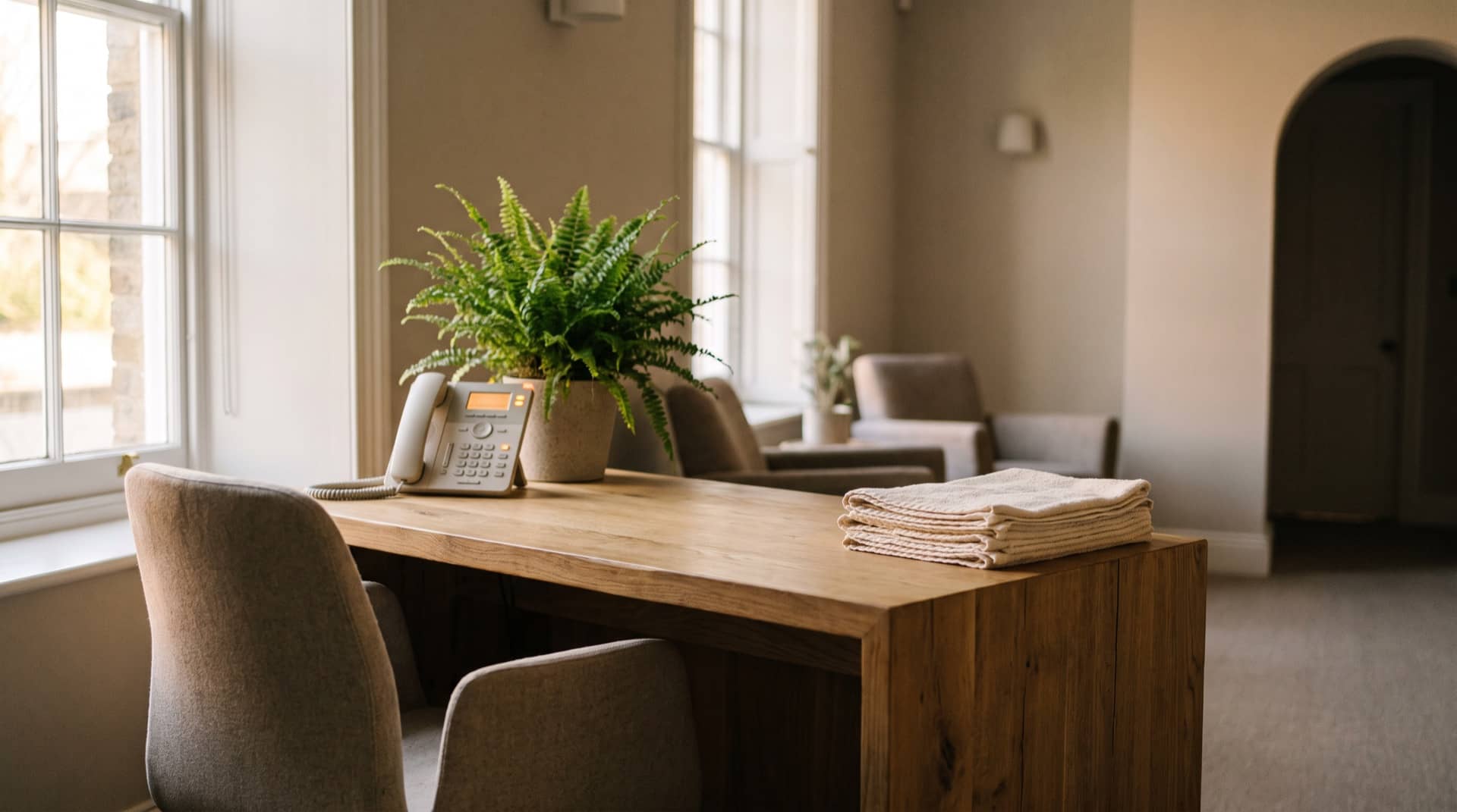A calm, unattended reception desk in warm morning light with a desk phone ready to answer
