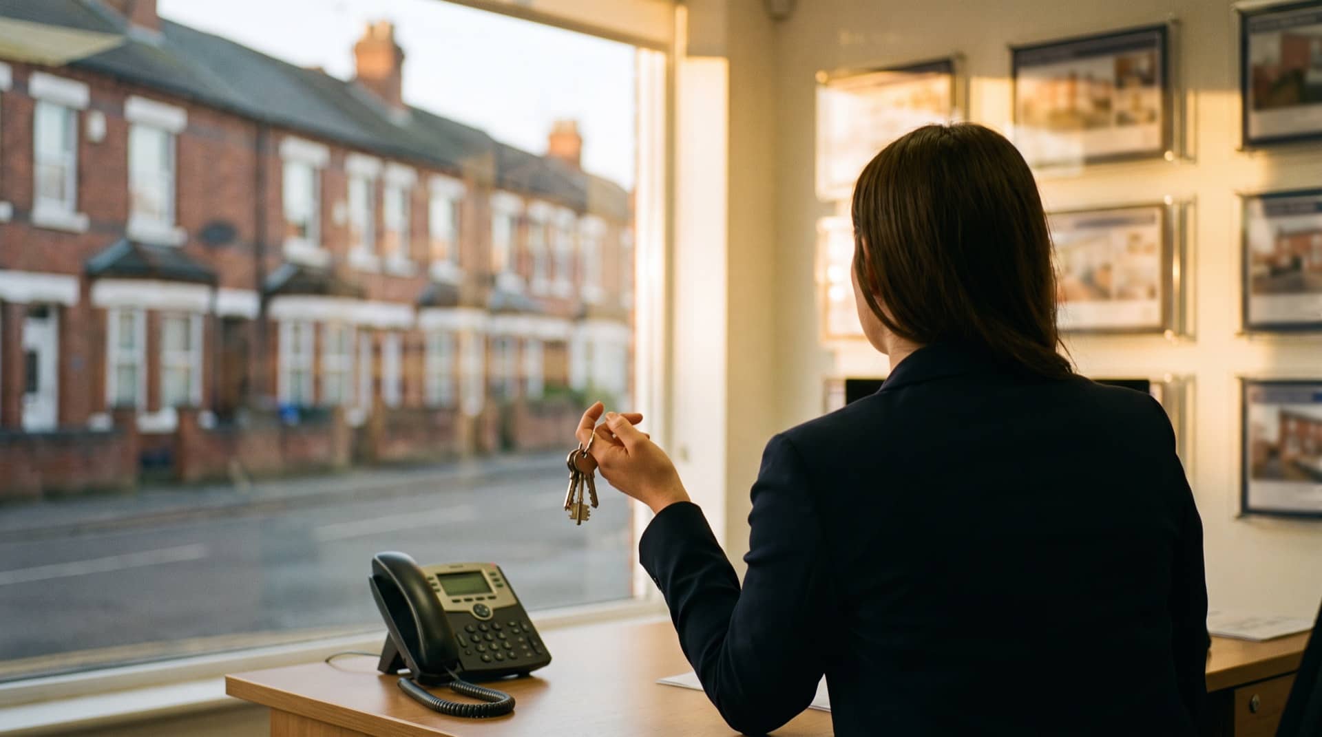 An estate agency office at golden hour with enquiries answered by Bridge Voice