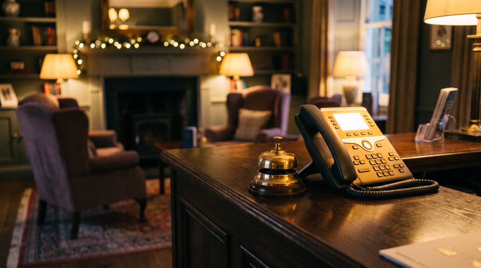 A boutique hotel front desk in the evening with guest calls answered by Bridge Voice
