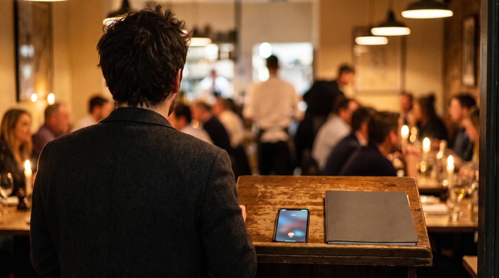 A restaurant host stand during a busy dinner service with a phone answered by Bridge Voice