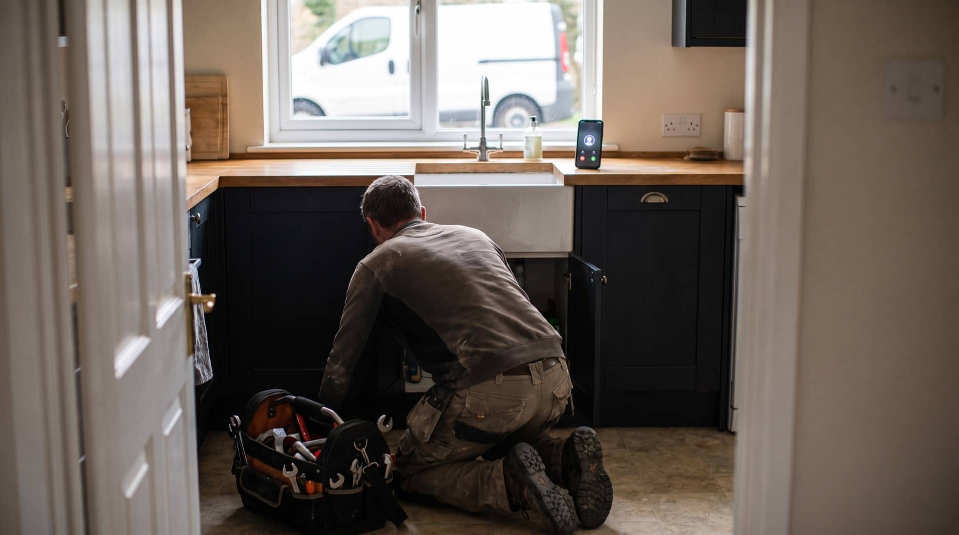 A plumber working on the tools while Bridge Voice answers the incoming call