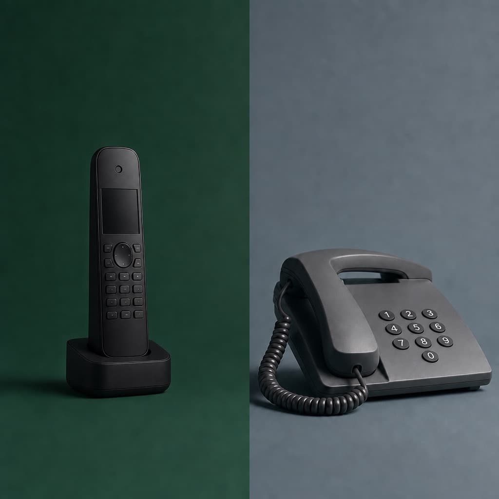 Two telephones side by side on a split emerald and slate background - two very different answering models