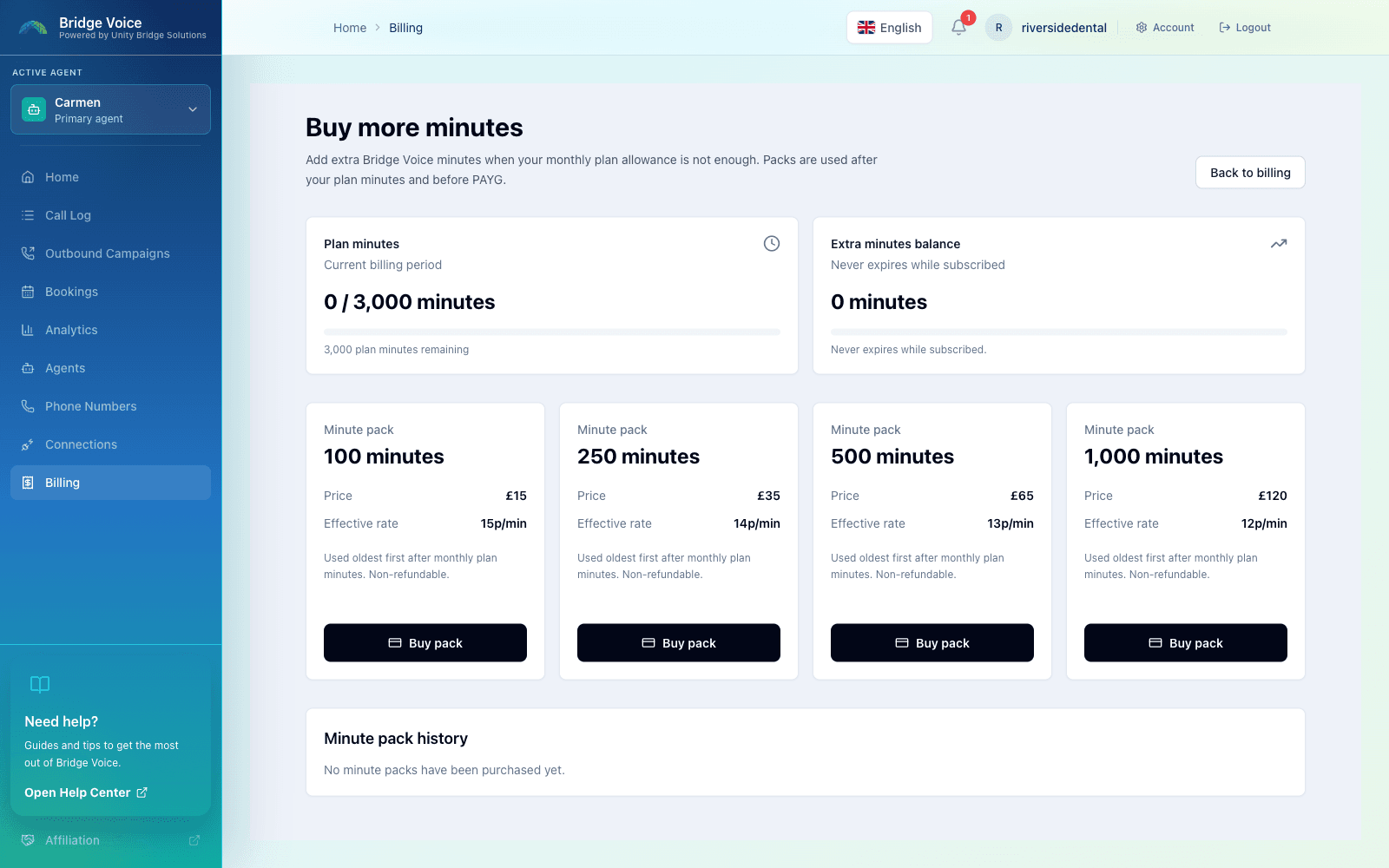 The Bridge Voice billing screen, showing minute packs of 100, 250, 500 and 1,000 minutes with their prices and effective per-minute rates