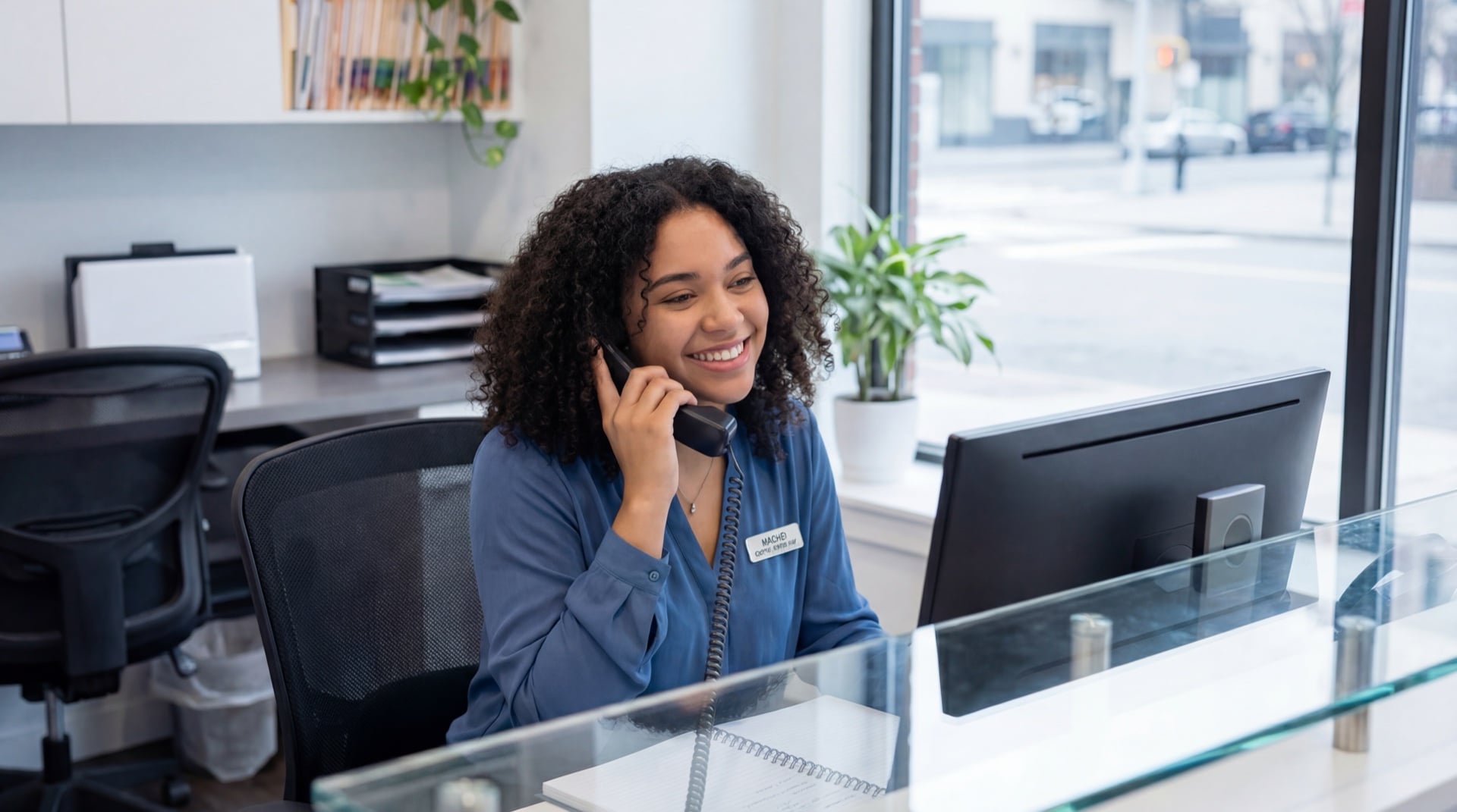 Receptionist answering a phone call at a front desk
